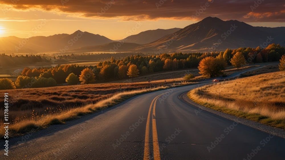 Fototapeta premium sunset,Road in autumn leading through a valley with mountains and a bright sunset