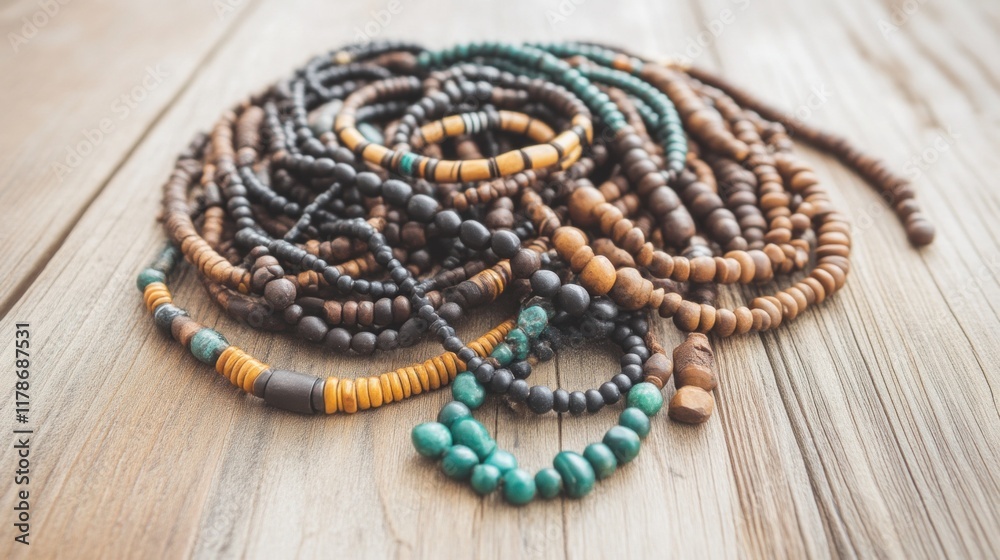 Obraz premium Handmade beaded jewelry artisan market product photography rustic setting close-up unique craftsmanship