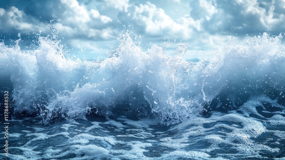 A dramatic view of crashing ocean waves under a cloudy sky. A dramatic view of crashing ocean waves under a cloudy sky.