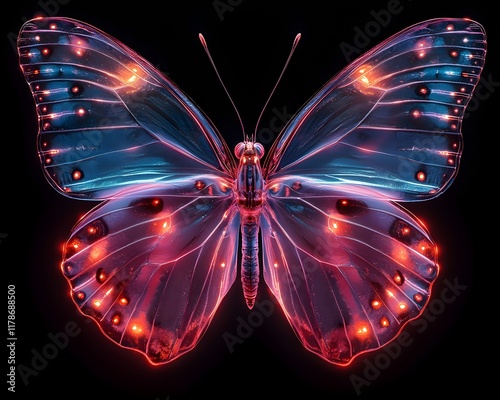 Graceful Neon Butterfly with Vivid Pink and Teal Wings Against Black Background photo