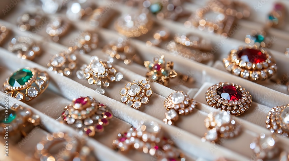 A closeup of many exquisite bijouteries in a pink gold box A closeup of many exquisite bijouteries in a pink gold box