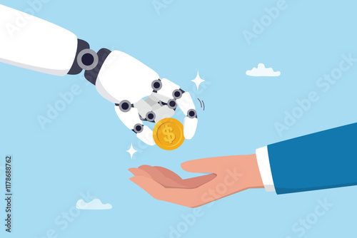 Artificial intelligence AI make money, data licensing resource for AI training payment, automation investment, robot trading or banking concept, AI robot hand giving dollar money to businessman.