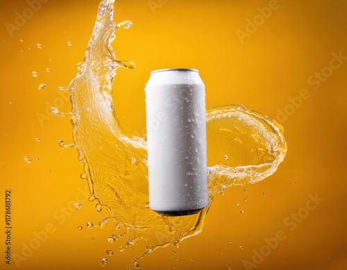 White soda can mockup photo splash of water product photo yellow backdrop floating in the air photo