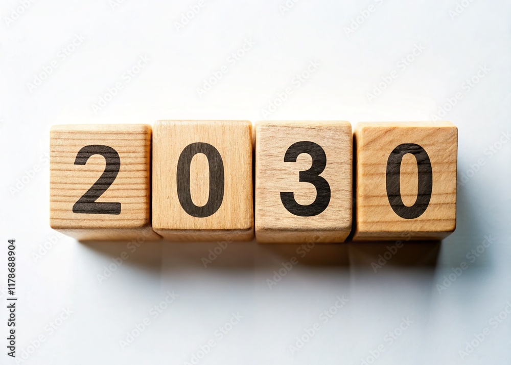2030 Vision: Wooden Blocks with Question Mark on White Background - Aerial Perspective 2030 Vision: Wooden Blocks with Question Mark on White Background - Aerial Perspective