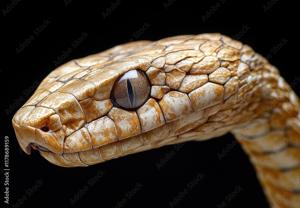 Close-Up Portrait of a Beautiful Golden Snake with Intricate Scale Patterns Set Against a Black Background, Showcasing its Unique Eye and Textures Close-Up Portrait of a Beautiful Golden Snake with Intricate Scale Patterns Set Against a Black Background, Showcasing its Unique Eye and Textures