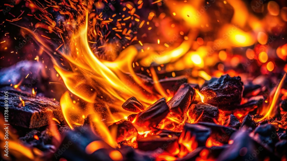 Abstract Fiery Embers: Glowing Embers, Sparks, and Smoke in the Dark - Stock Photo Abstract Fiery Embers: Glowing Embers, Sparks, and Smoke in the Dark - Stock Photo