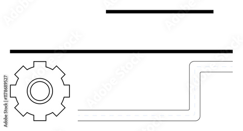 Gear next to a curving pathway and linear elements. Ideal for workflow, process efficiency, technology, innovation, mechanical systems, minimalism, abstract line flat metaphor