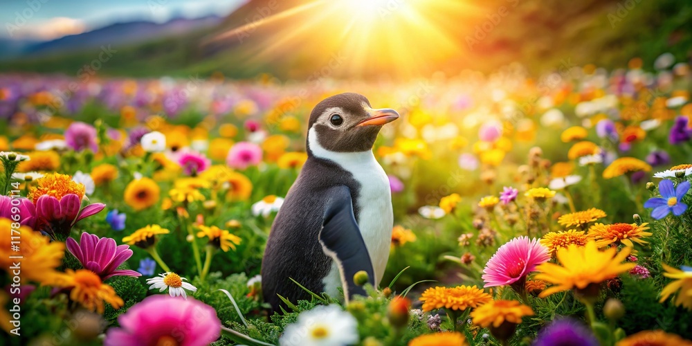 Naklejka premium Adorable Penguin Amidst Vibrant Blossoms: A Cheerful Aerial View