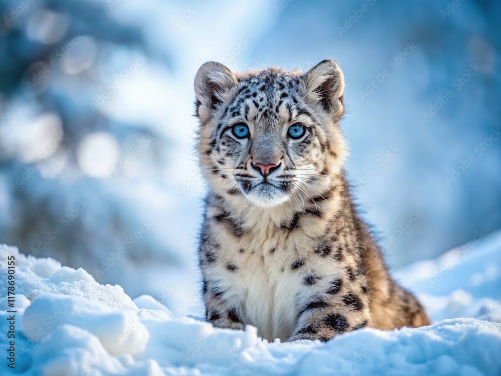 Adorable Snow Leopard Cub Playing in Snowy Wilderness - Wildlife Photography Adorable Snow Leopard Cub Playing in Snowy Wilderness - Wildlife Photography