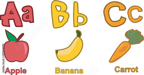 animated alphabet from A-B on white screen background. animated alphabet in the form of fruit names, alphabet in text talk theme. suitable for children