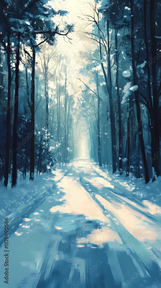 Naklejka premium Soft blurred bokeh lights twinkling gently above a quiet forest road covered in snow evoking a tranquil seasonal holiday ambiance