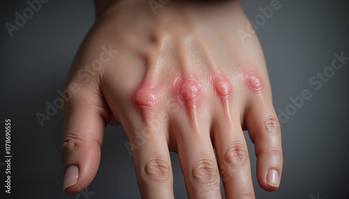 Hand with textured skin lesions against a grey background photo