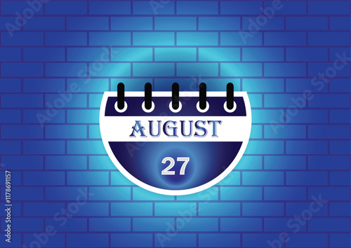 A stylized calendar page showing August 27th. The design features a circular calendar against a blue brick wall, highlighted with a soft glow. Ideal for marking important dates.