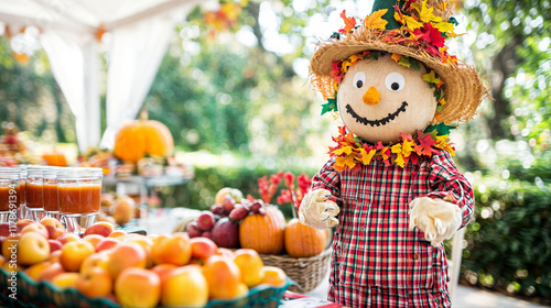 The image features a festive outdoor setting with a whimsical scarecrow wearing a plaid shirt, gloves, and a straw hat adorned with colorful autumn leaves photo