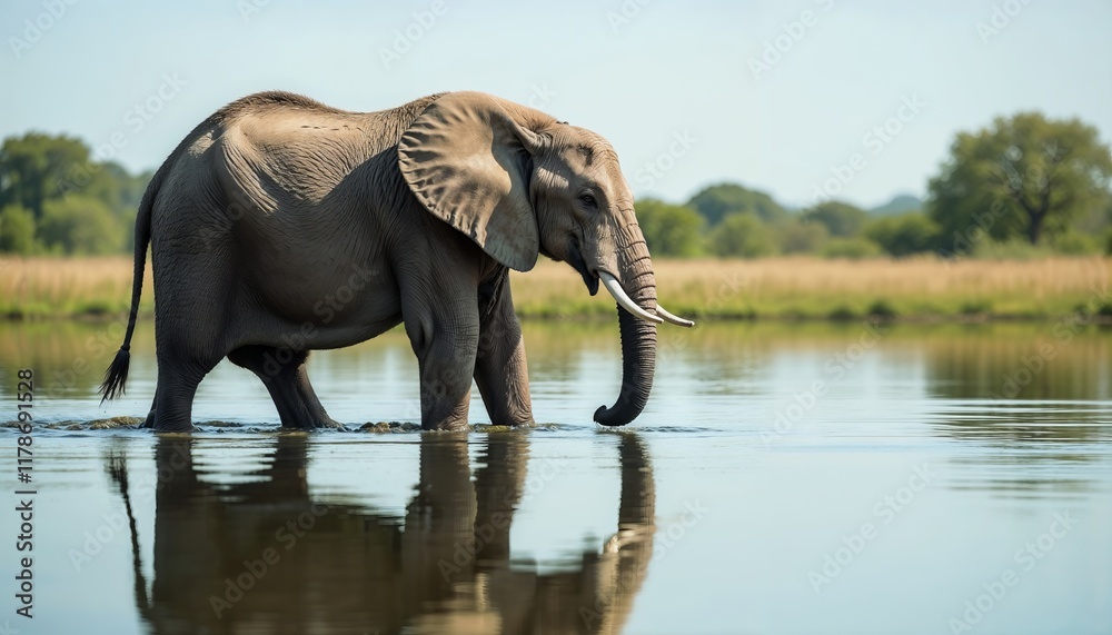 Fototapeta premium African elephant drinking water from a calm lake with its reflection visible in the still water