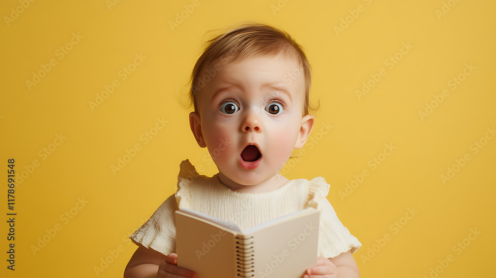 Portrait of Infant with a surprised face, Focus on appearance, There is a notebook in the middle. concept of The surprise of people, on a yellow background Portrait of Infant with a surprised face, Focus on appearance, There is a notebook in the middle. concept of The surprise of people, on a yellow background