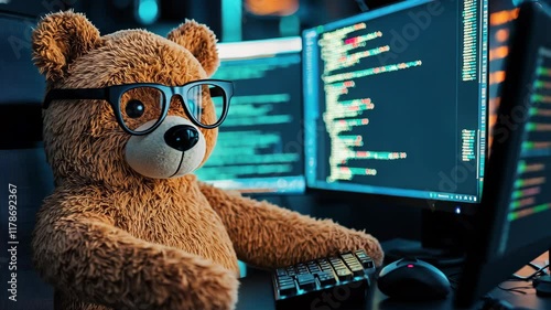 Adorable Teddy Bear in Glasses Working on a Computer Surrounded by Code and Technology