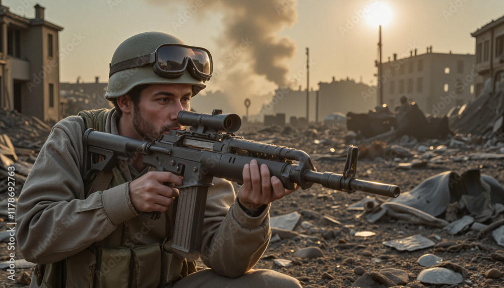 Fototapeta premium Soldier aiming rifle in urban war zone