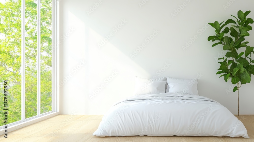 Fototapeta premium Serene minimalist bedroom design showcasing a tranquil bed and calming atmosphere for restful sleep.