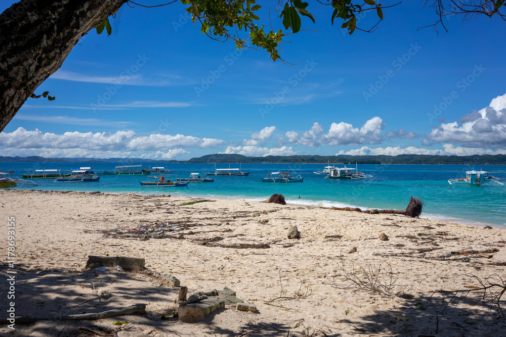 Wooden boats anchored near a sandy beach with turquoise waters under a bright blue sky. Ideal for tourism advertisements, island travel themes, or summer getaway designs. Wooden boats anchored near a sandy beach with turquoise waters under a bright blue sky. Ideal for tourism advertisements, island travel themes, or summer getaway designs.