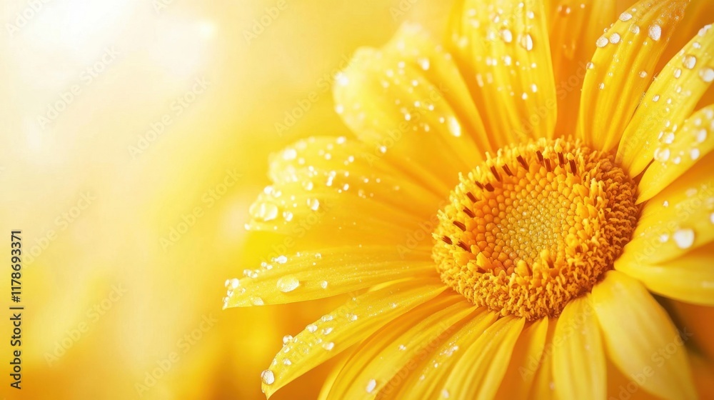 Bright Yellow Flower with Water Drops Glowing in Soft Light Bright Yellow Flower with Water Drops Glowing in Soft Light