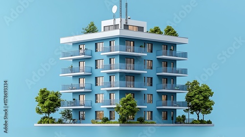 Modern apartment building, light blue, rooftop gardens, isolated, 3D model, modern architecture, virtual presentation, use for real estate, architecture render. photo
