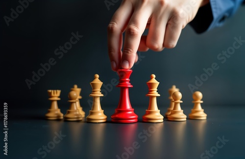 Leadership strategically positions red chess queen amongst light-colored pieces. Visual represents business strategy focused on customer-centric innovation. Leadership team carefully plans approach photo