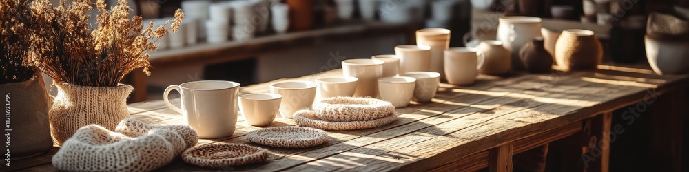 Cozy Market Scene with Handmade Ceramics and Knitted Coasters in Warm Natural Light Cozy Market Scene with Handmade Ceramics and Knitted Coasters in Warm Natural Light