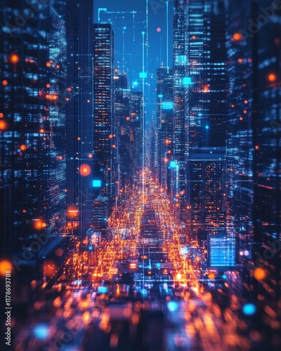 Futuristic Cityscape with Holographic Data Projections and Neon Lighting photo