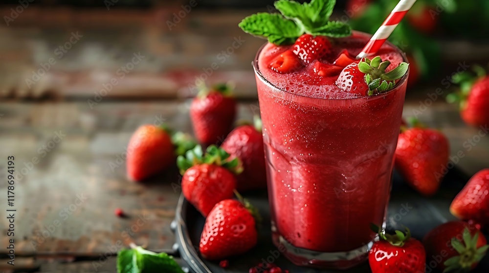 A glass of cold red strawberry smoothie that is ideal for a wholesome breakfast A glass of cold red strawberry smoothie that is ideal for a wholesome breakfast