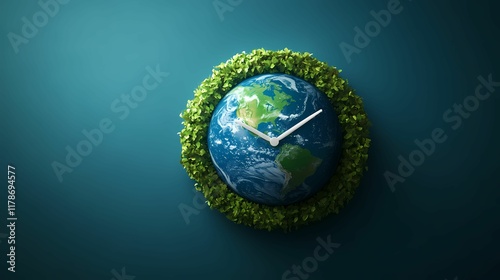 A clock design featuring Earth surrounded by green foliage, symbolizing time and environmental awareness.