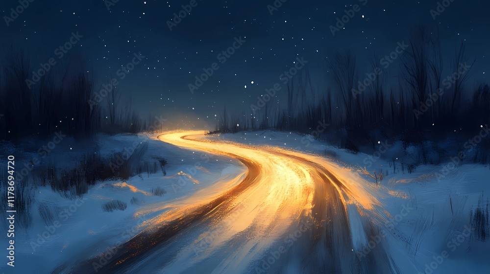 Fototapeta premium Soft blurred golden lights shimmer faintly along a snow-laden forest road evoking a peaceful and dreamy winter wonderland atmosphere