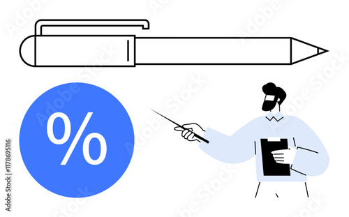 Pen, percentage sign in blue circle, man with clipboard and pointer indicating focus on education, data analysis, financial management, business training, academic instruction, and productivity