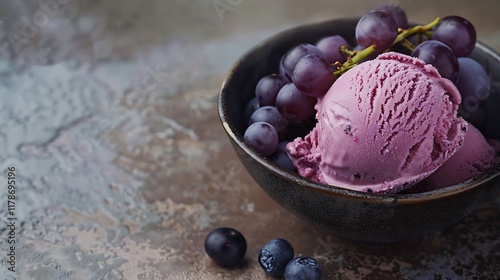 A grape ice cream bowl isolated on a earthen surface