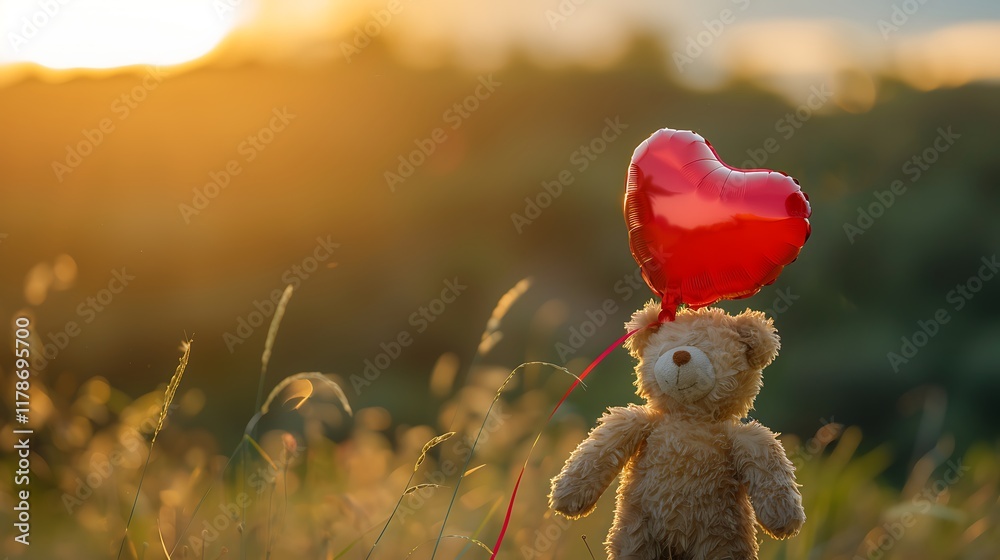 A red heart shaped balloon and a cuddly bear with a blurred backdrop of nature A red heart shaped balloon and a cuddly bear with a blurred backdrop of nature