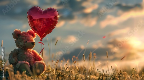 A red heart shaped balloon and a cuddly bear with a blurred backdrop of nature photo