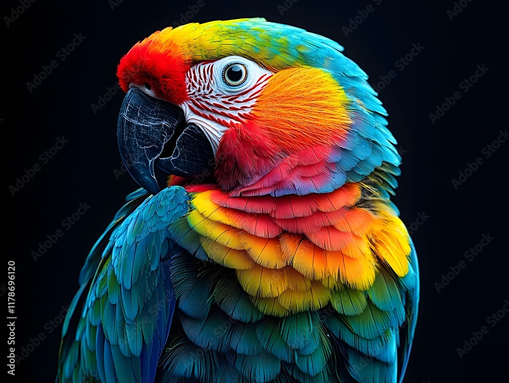 Obraz premium Mesmerizing Neon Parrot with Vibrant Plumage Perched Gracefully on Black Background