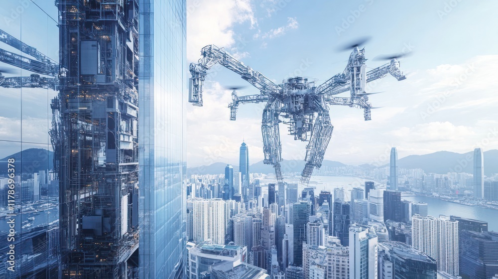 Drone flying over a futuristic cityscape. Drone flying over a futuristic cityscape.