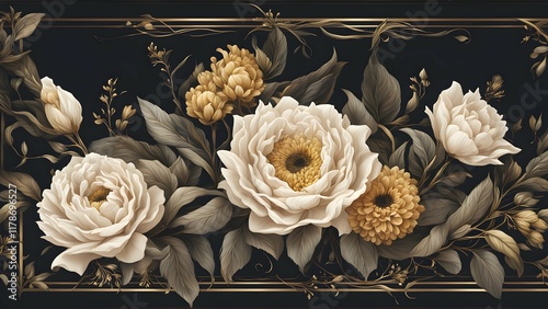 A decorative floral design featuring elegant peonies and golden accents on a dark background.