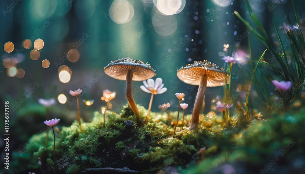 Fototapeta premium Enchanted Forest Scene with Mushrooms and Tiny Flowers