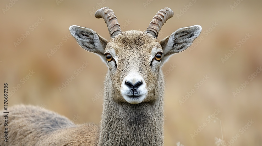 Young female mouflon gazing, autumn field background, wildlife photography, nature conservation. Young female mouflon gazing, autumn field background, wildlife photography, nature conservation.