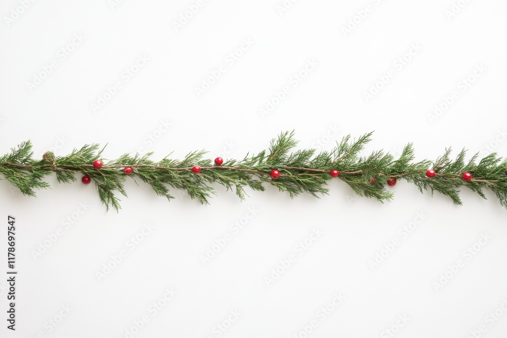 Minimalist Holiday Garland with Green Fir, Red Berries, and Festive Ornaments on White Background