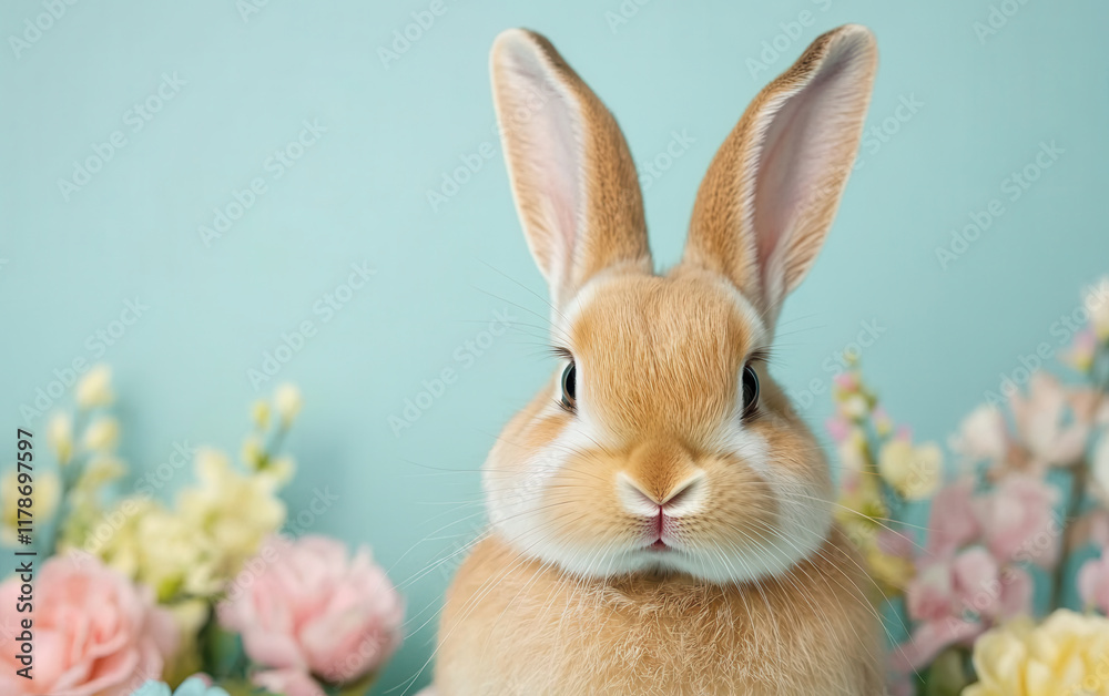 Fototapeta premium close up of bunny with its nose twitching, surrounded by pastel flowers and soft blue background