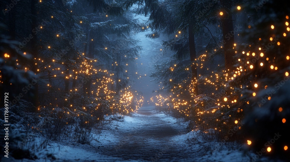 Naklejka premium Enchanted Winter Forest Path with Festive String Lights