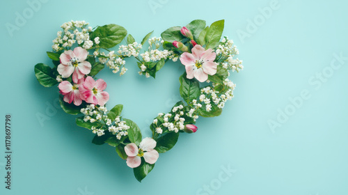 heart shape made of leaves and flowers on turquoise background