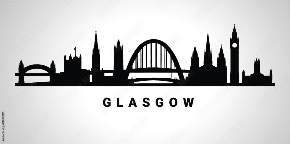 Obraz premium Glasgow cityscape silhouette on a white background, showcasing iconic landmarks like the Clyde Arc, Glasgow Cathedral, and the University of Glasgow tower.