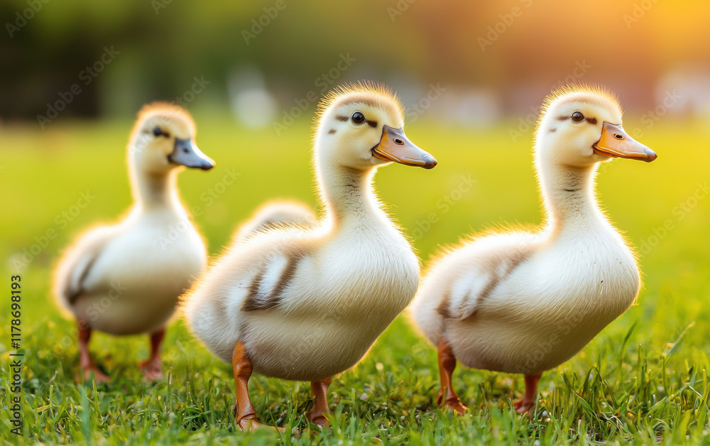 Adorable ducklings waddling across sunlit park lawn, enjoying peaceful afternoon Adorable ducklings waddling across sunlit park lawn, enjoying peaceful afternoon
