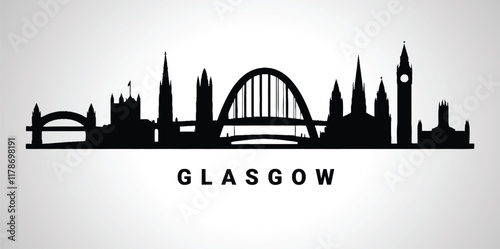 Wallpaper Mural Glasgow cityscape silhouette on a white background, showcasing iconic landmarks like the Clyde Arc, Glasgow Cathedral, and the University of Glasgow tower. Torontodigital.ca