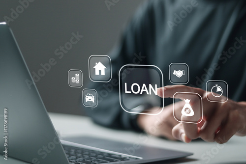 Online personal loan and financial concept. Person using laptop with loan icon. Financial loan agreement, Personal or business loans through online services between lenders and borrowers.