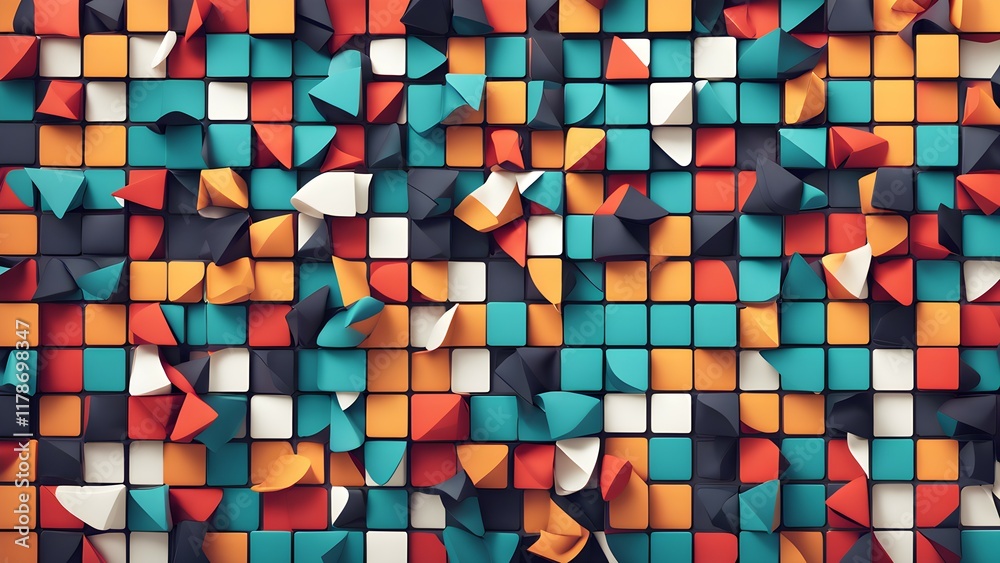 Fototapeta premium A vibrant abstract pattern of colorful 3D cubes and folds creating a dynamic visual texture.